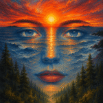 Blue face blended with ocean waves and dark pine trees, with an orange sun glowing at the forehead.
