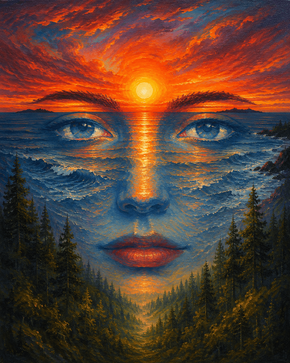 Blue face blended with ocean waves and dark pine trees, with an orange sun glowing at the forehead.