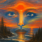 Surreal sunset seascape forming a woman’s face with blue eyes, ocean waves, pine trees, and a glowing orange sun