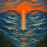 Abstract blue face emerging from blue water beneath a glowing orange sky